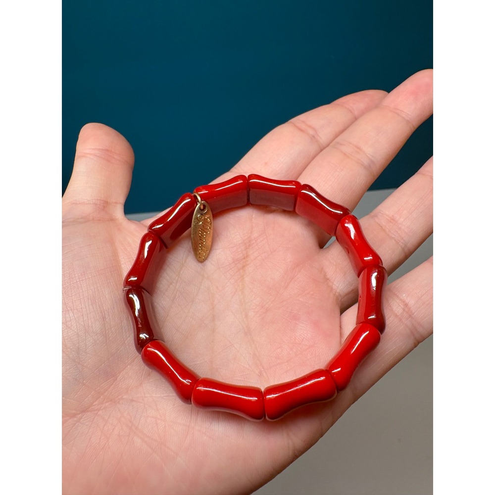 Plunder Design Red Bamboo‎ Style Stretch Bracelet Gold Tone Logo Charm